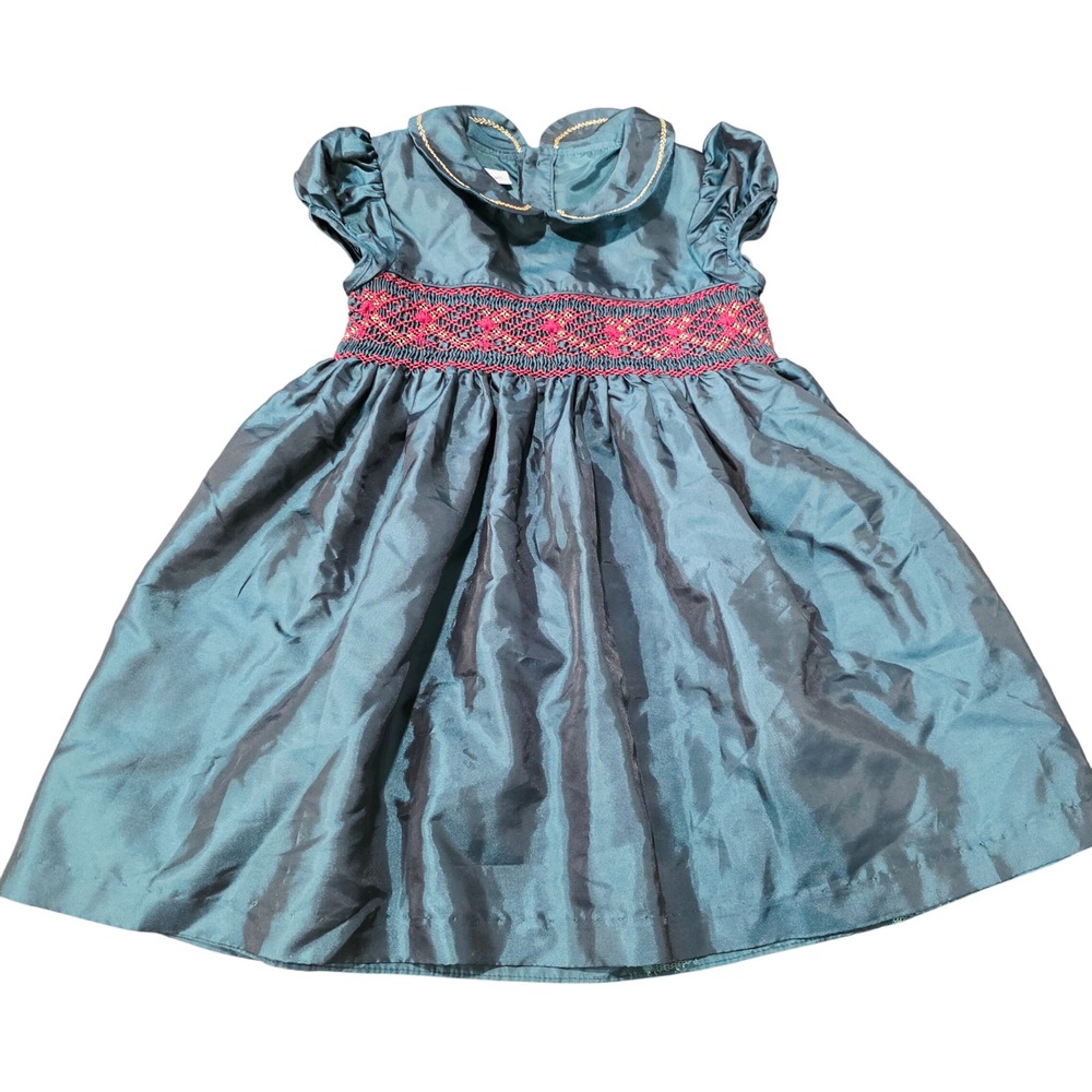 Bonnie Jean Girls Dress Christmas Green Smocked Waist Size 4T‎ Puffed Sleeves